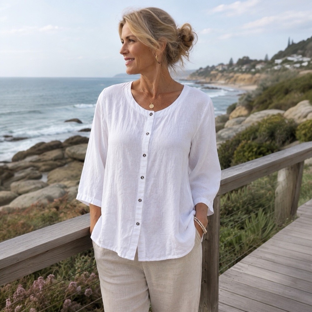 Hot Cotton by Marc Ware Linen Blend White Button Front Blouse M